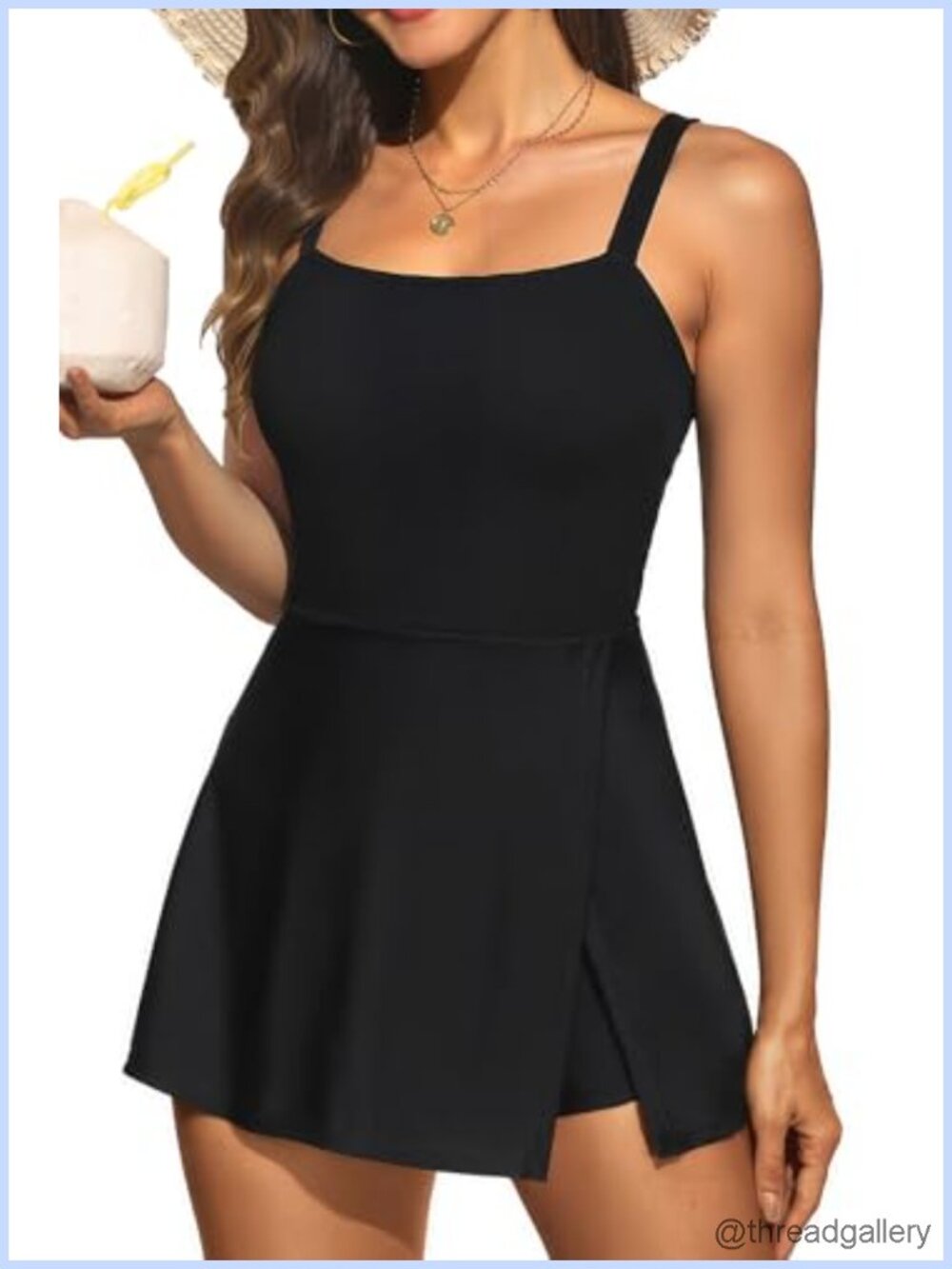 Tummy Control One Piece Swimdress with Slit Hem & Pockets